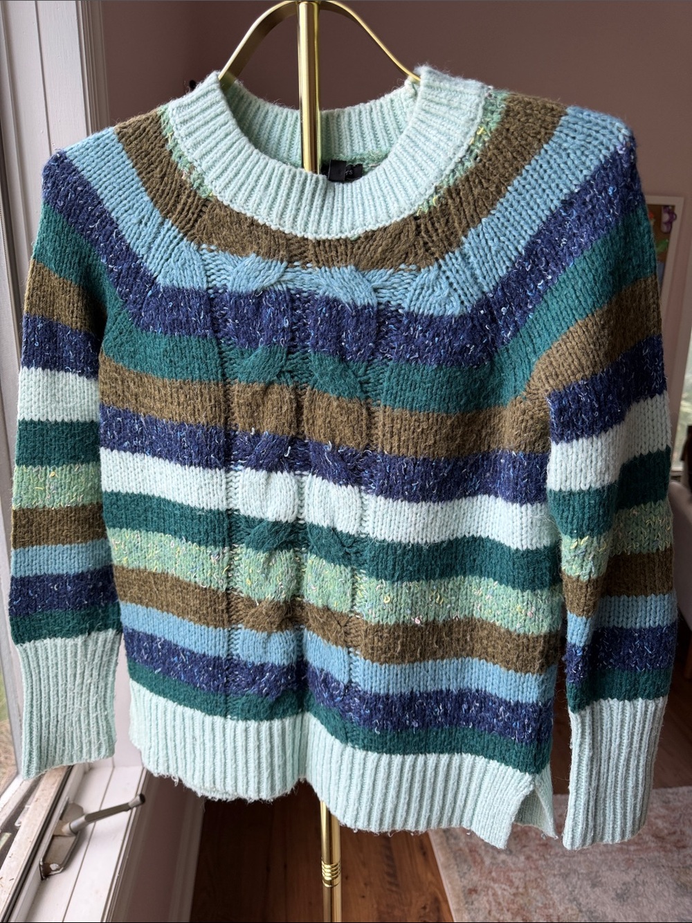 Striped Cable-Knit Crewneck Sweater - Blue/Green/Brown